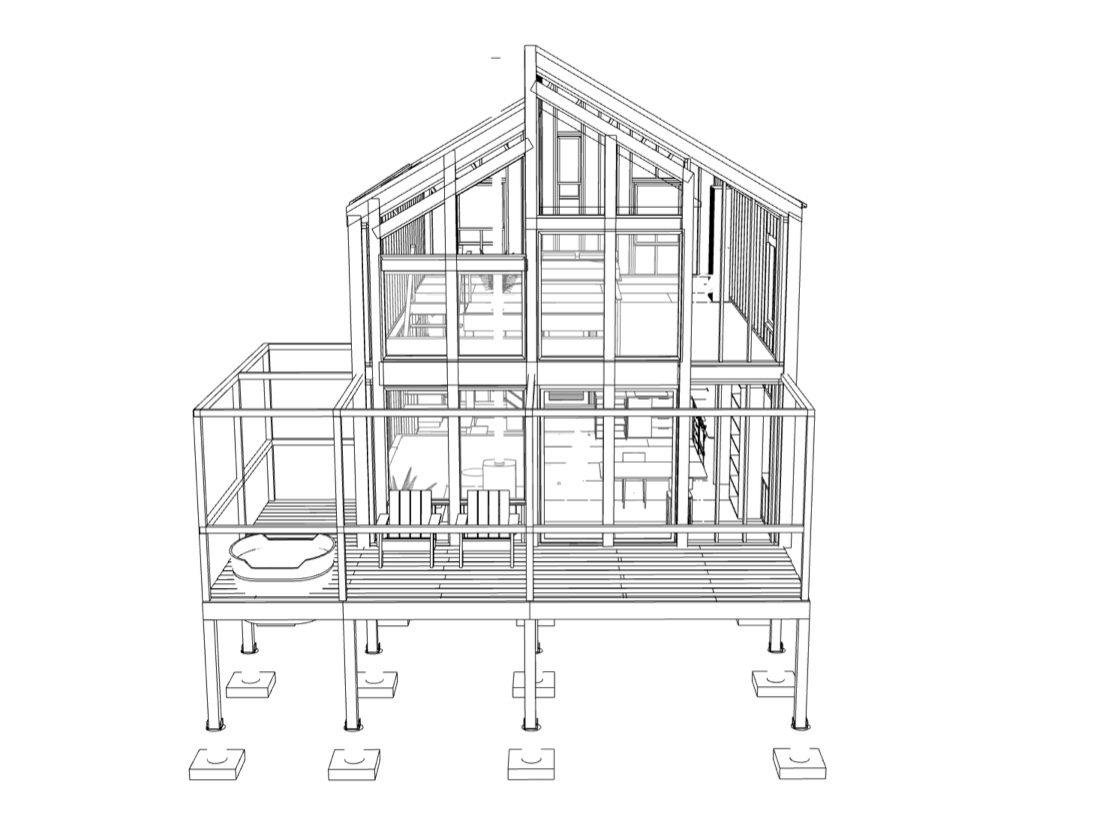 SketchUp render of the cabin exterior